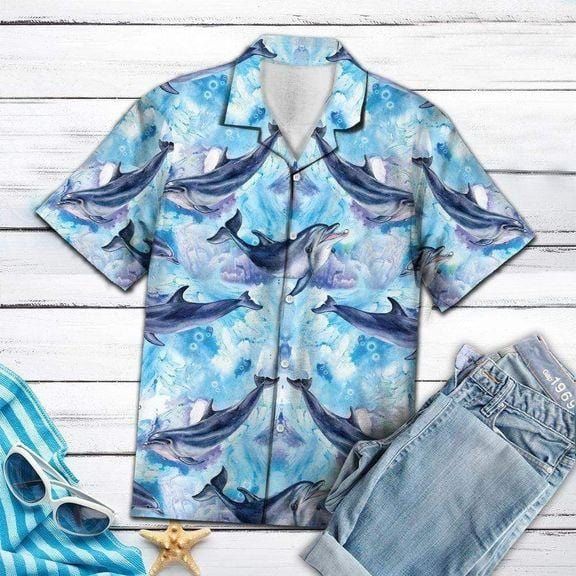 Felacia [Hawaii Shirt] Dolphin Blue Sea Summer Vibe Hawaiian Aloha Shirts-ZX2584